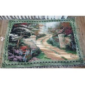 Thomas Kinkade Spring Gate Tapestry Throw 46" x 65" cotton rug blanket fringe